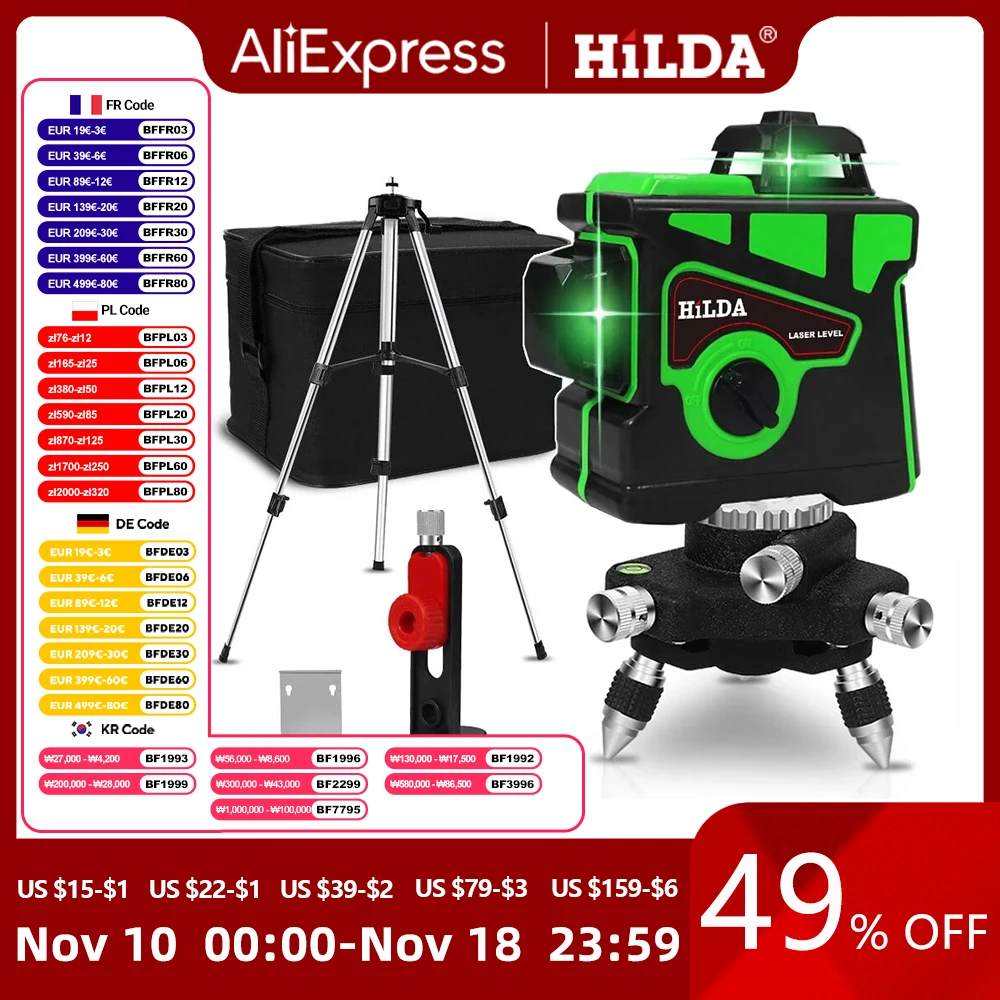 HILDA Laser Level 12 Lines 3D Level Self-Leveling 360 Horizontal And Vertical Cross Super Powerful Green Laser Level