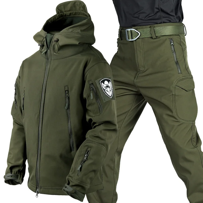 2024 Shark Skin Soft Shell Winter Plush Thickened Mountaineering Tactics Training Windproof IX7 Combat Trousers Jacket Suit