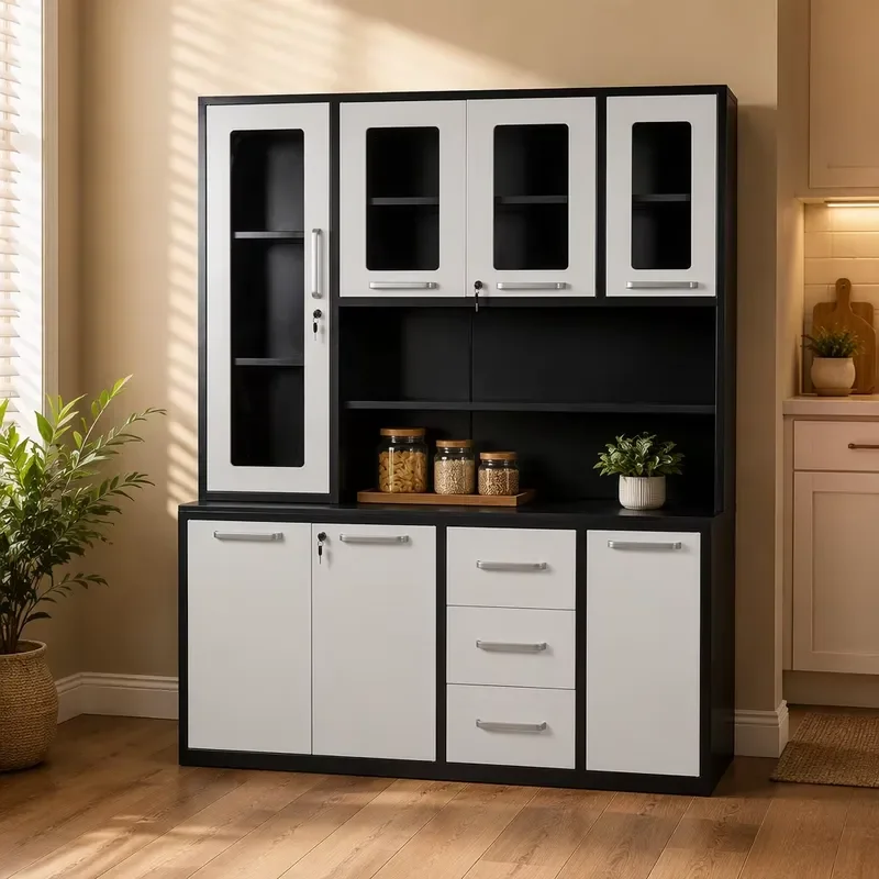 Modern Steel Kitchen Locker Independent Side Cabinet with Glass Door Drawer Large Capacity Pulley Multifunctional