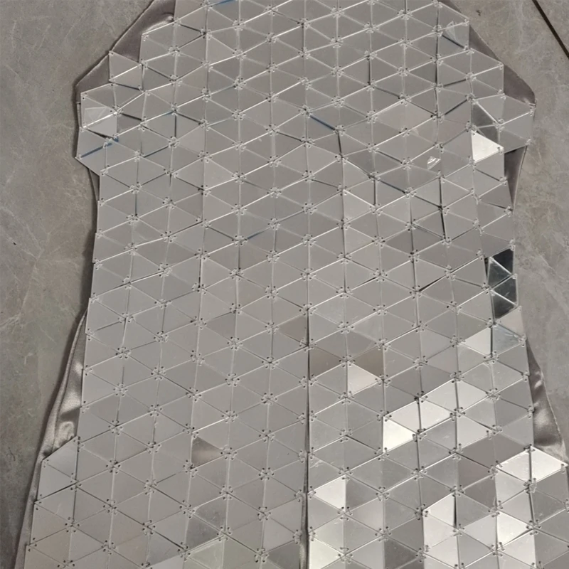 Body espelhado prateado costurado à mão feminino, roupas de dança de poste, lente rave, bar, dj, palco, performance de dança, roupas gogo