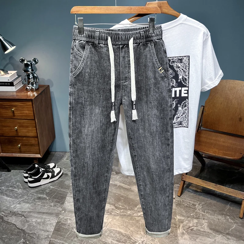 Summer Thin Elastic Waisand Casual Soft Men's Jeans Loose Fit Slim Leg Cotton Polyester Blend Harem Pants Youth Faion
