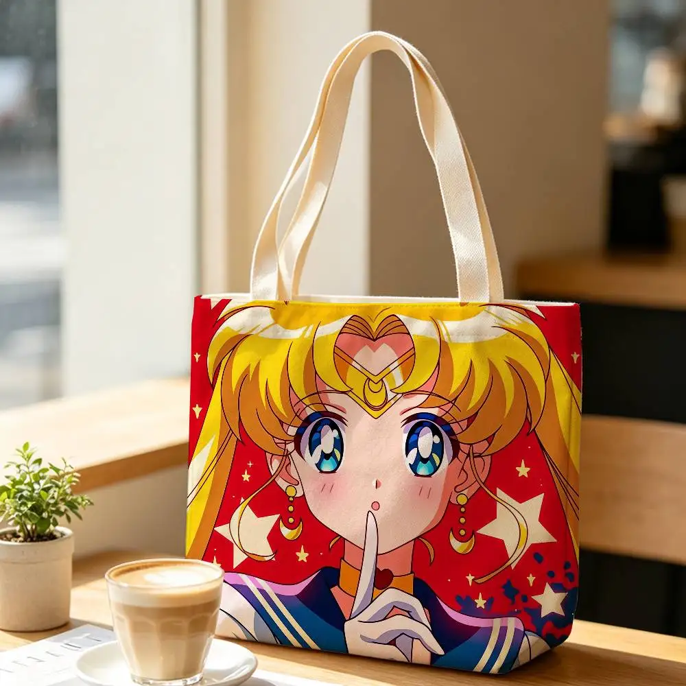 Anime S-Sailor Moon Tsukino Usagi Large Capacity Cotton Polyester Shoulder Tote Bag Zipper Handbag for Shopping Daily 4