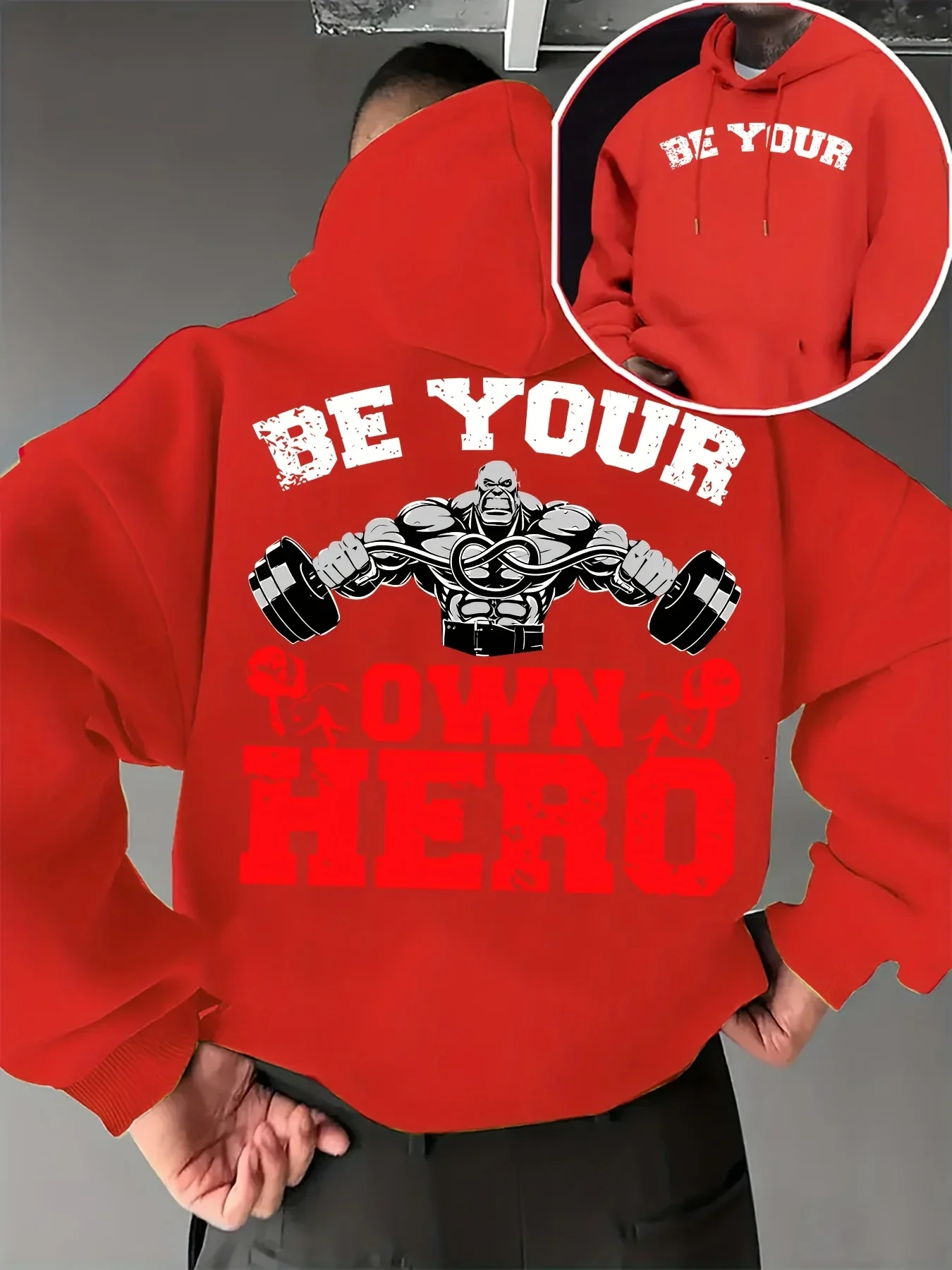 Men's Fitness Motivational Hooded Sweatshirt, Muscle Dumbbell Print, Autumn and Winter Fleece-lined Casual Loose Pullover Hoodie