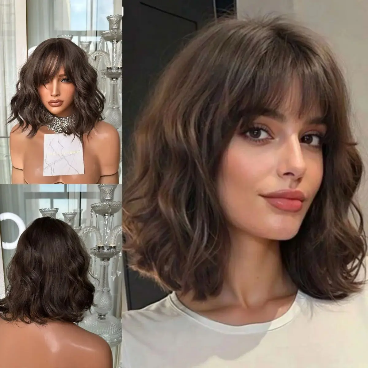 Bob Body Wave Bouncy Wigs With Bangs Dark Chocolate Brown 180% High Density Glueless Wigs Synthetic Hair Realistic Look Hairline