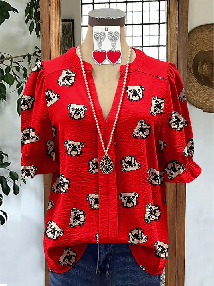 Classic Bulldog Print Puff Sleeve Top Casual Gameday Ruffled Blouse