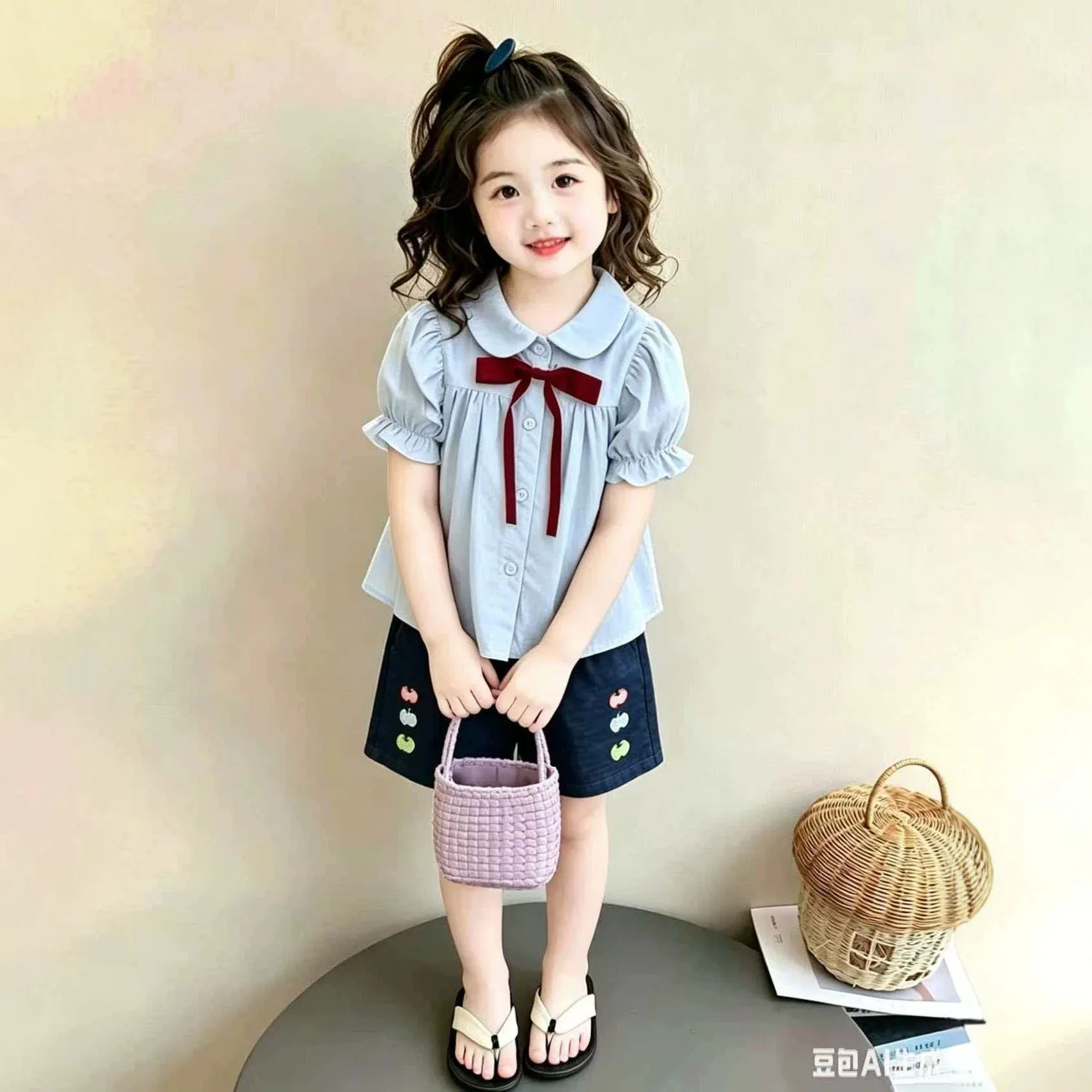 New Summer Kids Clothing Sets Baby Girls Bubble Sleeve T-shirt with Bow Hair Clip+ Apple Embroidery Shorts 2Pcs Suits Clothes