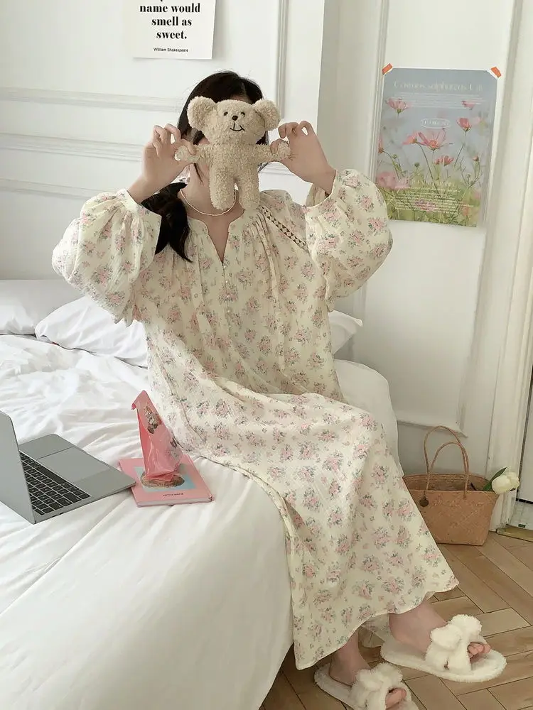 Coreano novo estilo floral camisola estilo princesa com decote em v pijamas longos roupas de casa das mulheres noite sexy sono t®y menina usar vestido