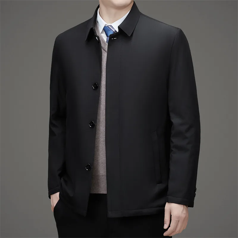 سترة شتوية للرجال الناضجين، سترة مبطنة واحدة الصدر، معطف مبطن دافئ على طراز الأعمال الكلاسيكية لرجل الطقس البارد