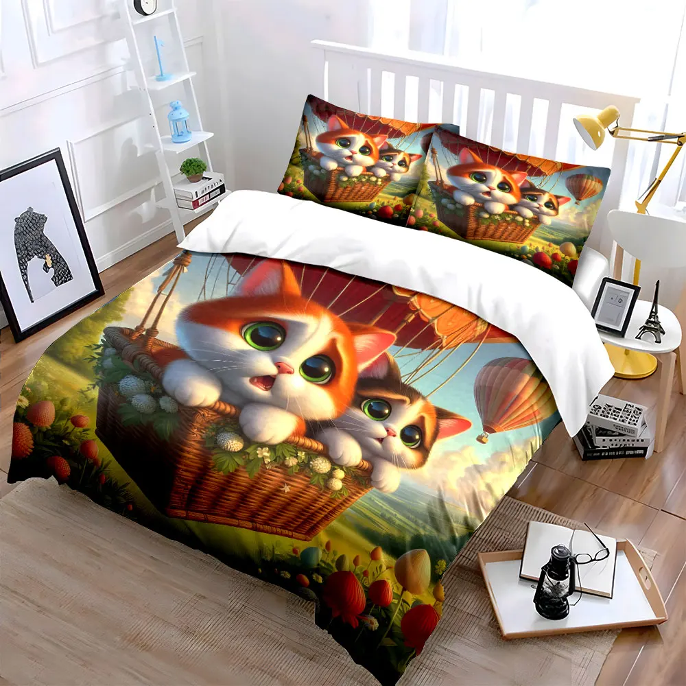 Balloon journey with cats Pattern Duvet Cover Set Digital Print Colorful Polyester Bedding with Zipper Closur for kids gifts