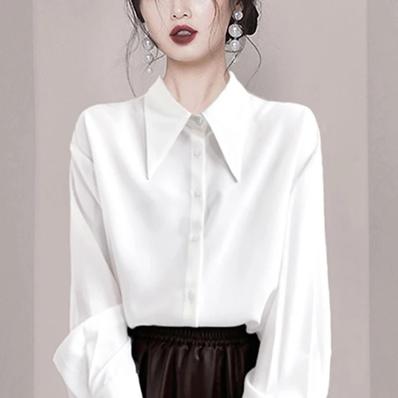 Spring Autumn Korean Fashion Office Lady Chic Pointed Collar Long Sleeve Shirts Vintage White Blue Loose Blouse Top Women Blusas