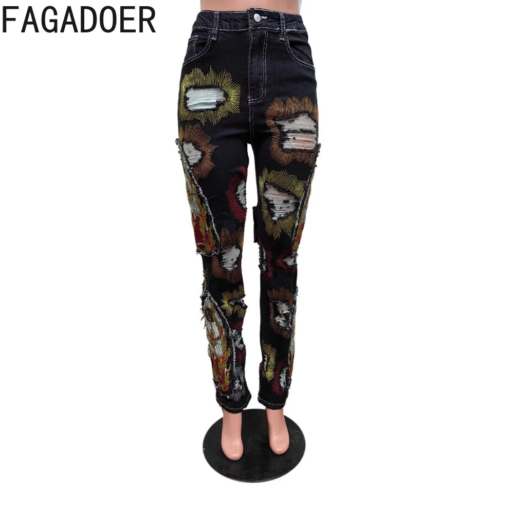 FAGADOER Fashion Embroidery Pattern Elasticity Denim Pants Women High Waisted Button Skinny Jean Trousers Casual Cowboy Bottoms