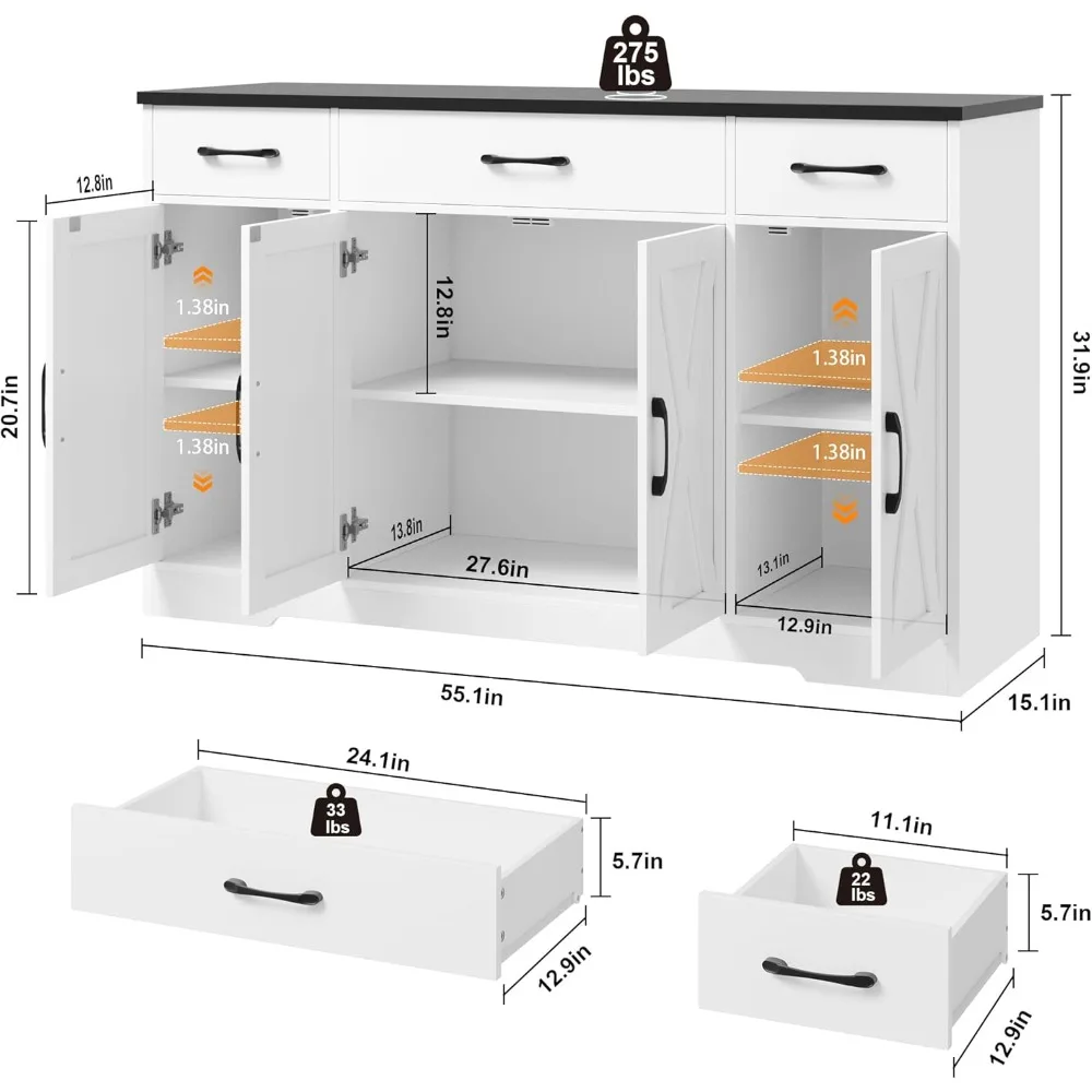 Шкаф-буфет с ящиками, большой шкаф для хранения буфет 55 дюймов с полками и дверцами, современная кабина для кафе-бара в фермерском доме