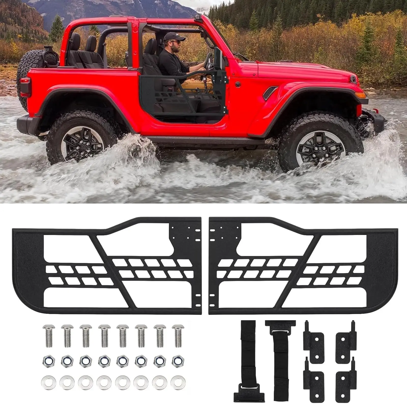 Off-Road Tubular Half Door Set of 4, Front & Rear Tube Doors with Side View Mirror for 2018-2024 Wrangler JL & 2020-2025 JT, Rust Resistance Design for Trail Adventure - Easy Installation