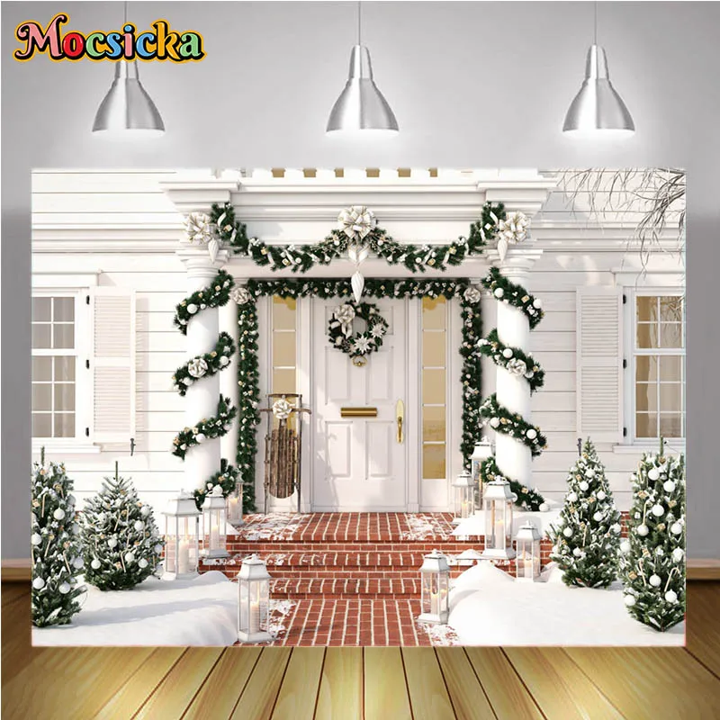 Merry Christmas Backdrop White House Porch Decorated Little Xmas Tree Christmas Background for Photography New Year Decor Banner