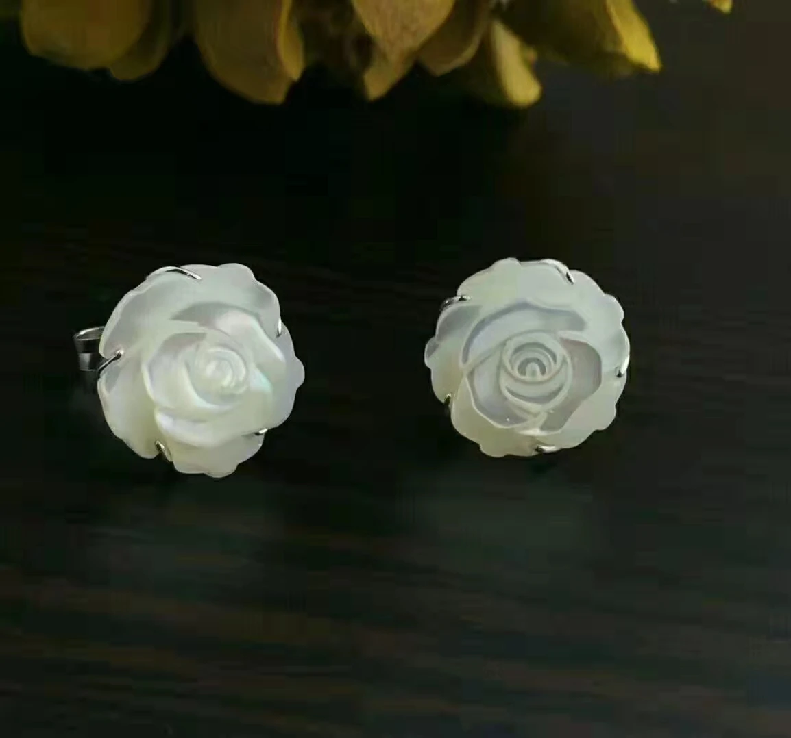 

925 Sterling Silver Shell Rose Stud Earrings Fashion Charms Personnalisable Colgantes Mujer Women Perfect