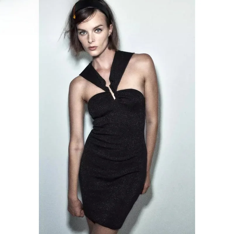 فستان نسائي عصري مثير بفتحة رقبة وصل حديثًا لربيع الخريف بخصر عالٍ على الطراز الكوري ورقبة على شكل حرف v تنورة قصيرة فستان من...