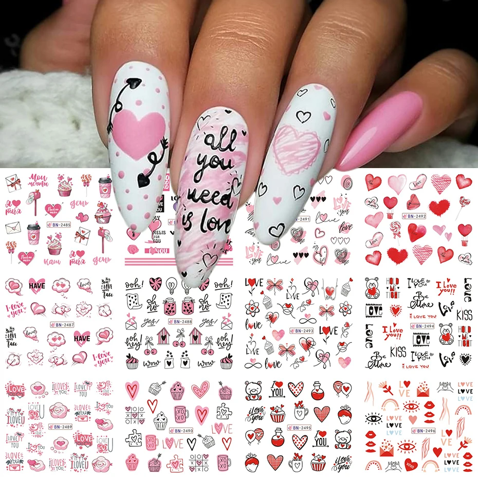 12 Designs Valentine's Day Nail Water Transfer Stickers - Heart Love Letter Red Lip Rose Design Easy Apply Water Transfer Decals