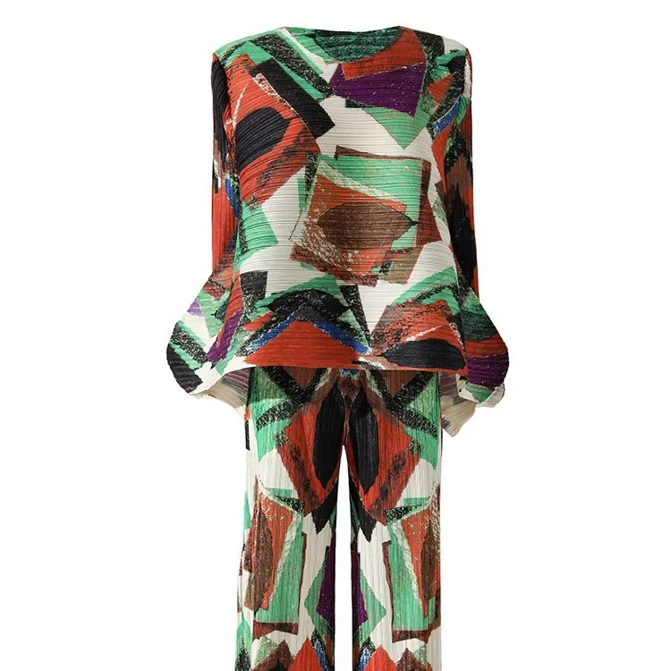 Miyake Pleated Printed Fashion Suit for Women 2024 New Loose and Slim Round Neck Pullover Top + Straight Pants Two-piece Set