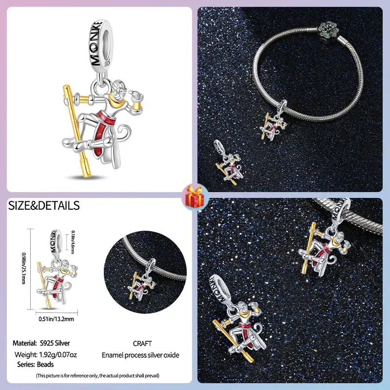 Travel Hobbies Games Beads 925 Sterling Silver Big Brother Wukong Red Ribbon Hand Dancing Gold Hoop Charm Women's Jewelry DIY