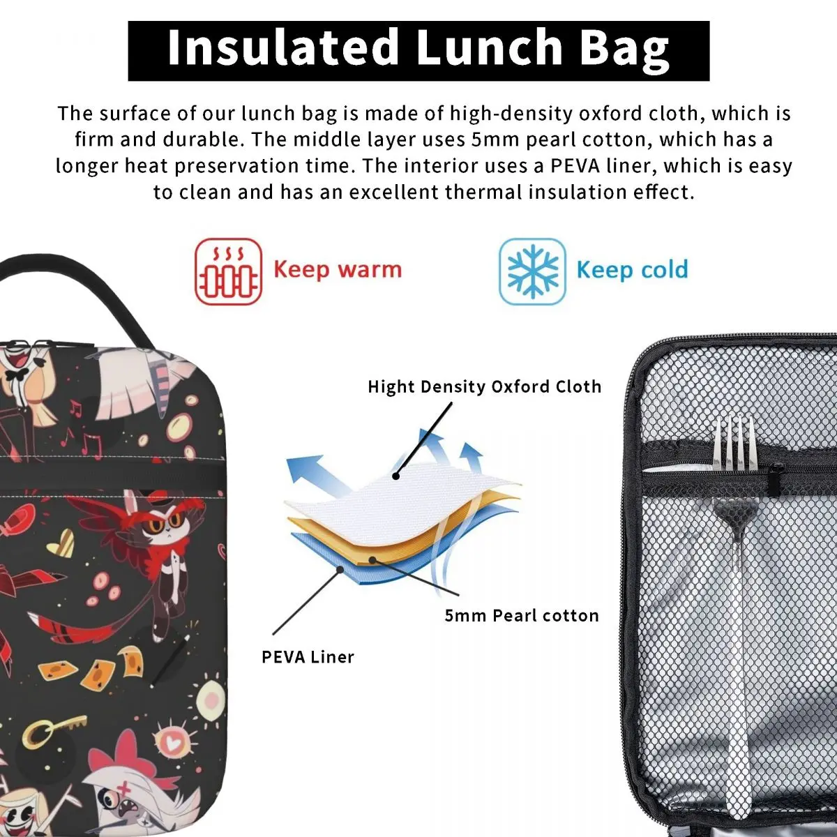 Hazbin Hotels Anime Insulated Lunch Bags Food Container Bags Portable Thermal Cooler Lunch Boxes For School Office