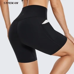 SYROKAN Women Yoga Shorts Leopard Printed Naked Feeling  Athletic Biker 6 Inches Summer Tight Hips Lifting Short Pants Pockets