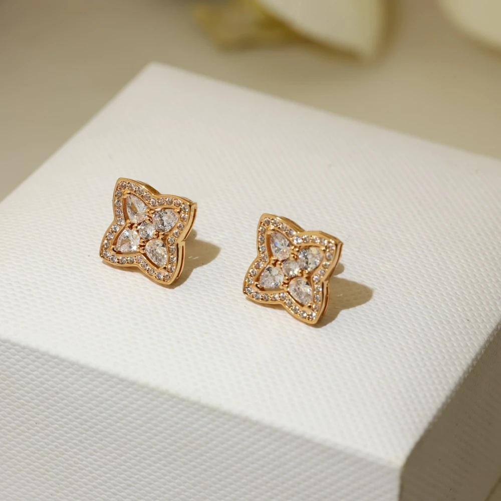 2025 Best-Selling Hollowed-Out Lotus Earrings Zircon Inlaid Shiny Beautiful High-Quality  Birthday Gifts