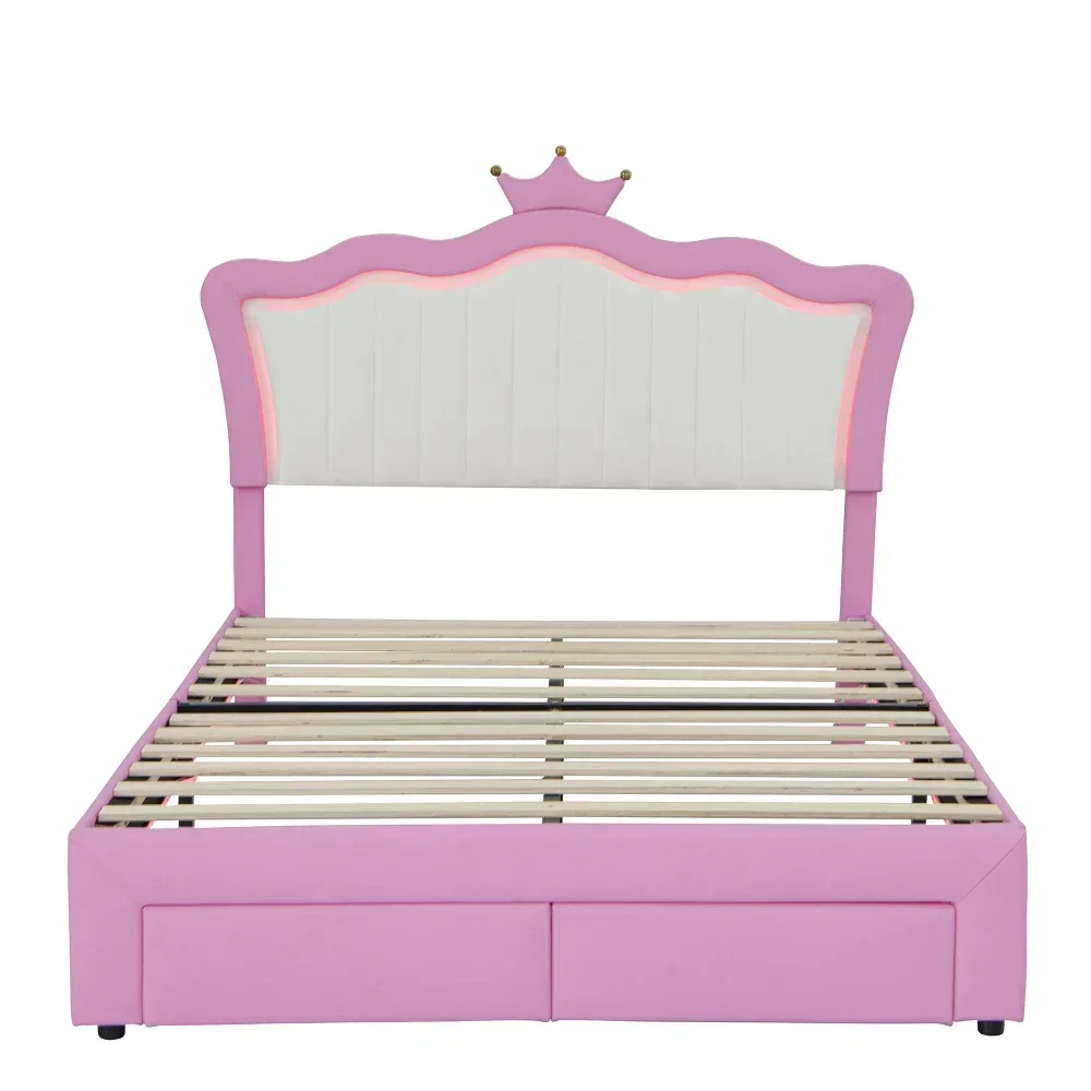 Groot gestoffeerd bedframe met LED-verlichting, modern gestoffeerd prinsessenbed met kroonhoofdeinde, 2 lades, roze stapelbed voor kinderen