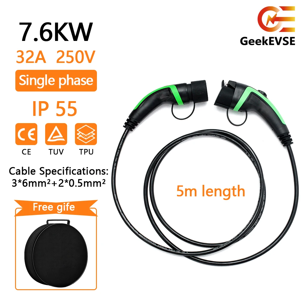 

GeekEVSE EV Charging Cable Type2 Male Plug to Type1 SAE J1772 Female Charger 1 Phase 32A 7.6KW 5M Cable for Charger Station