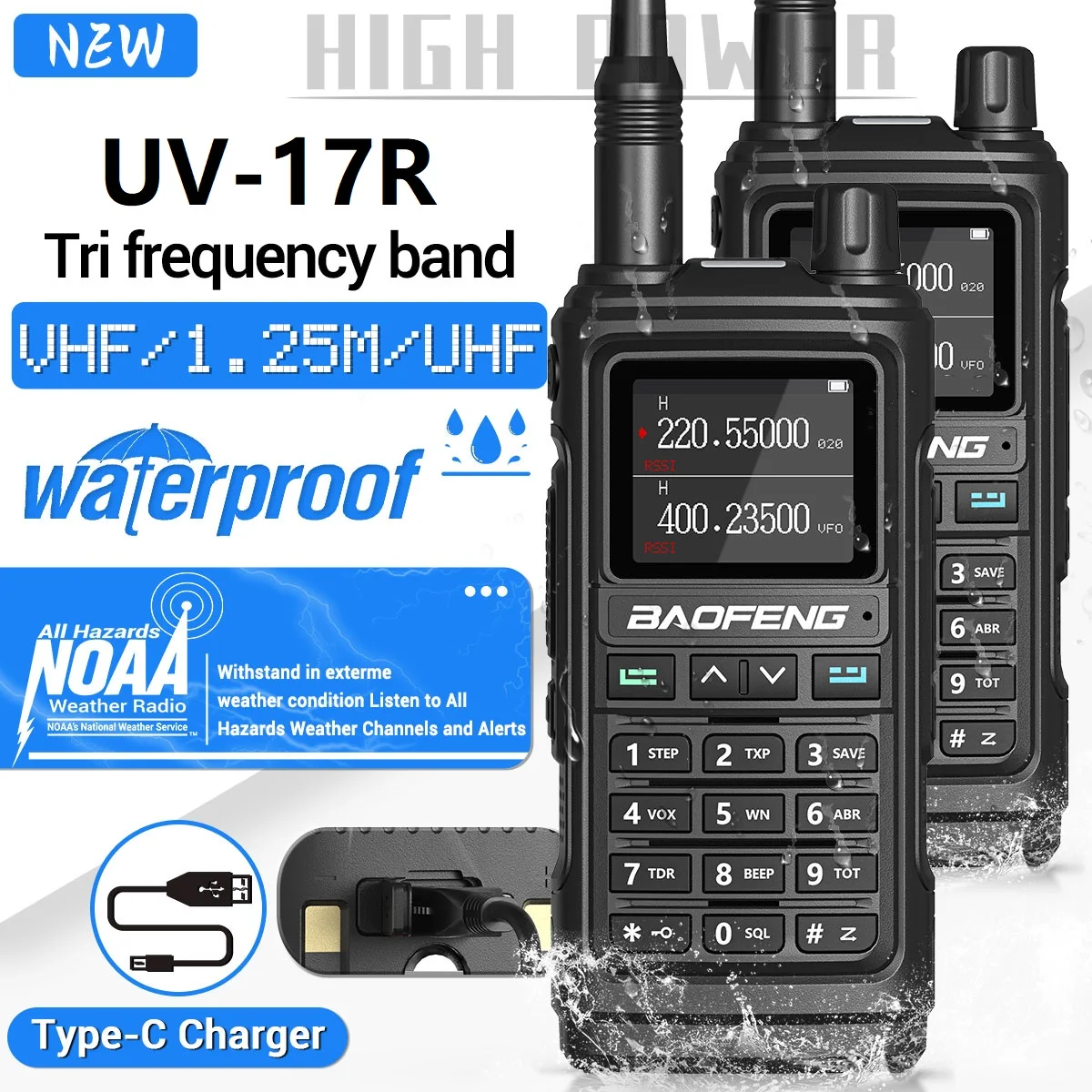 Baofeng UV-17R 워키토키 트라이 밴드 무선 복사 주파수 999CH NOAA 고전력 C 타입 UV-5R UV-17 PRO V2 L 양방향 라디오, 2X