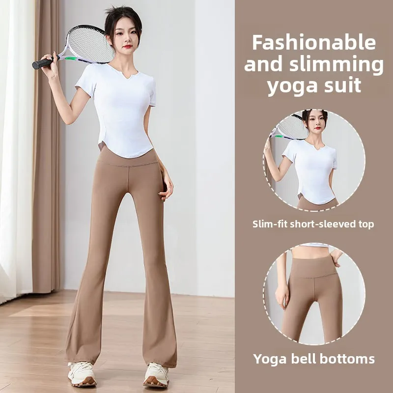 

Новинка 2023 года, летний женский комплект для йоги, высококачественный наряд для бега, фитнеса, расклешенные брюки, модная спортивная одежда