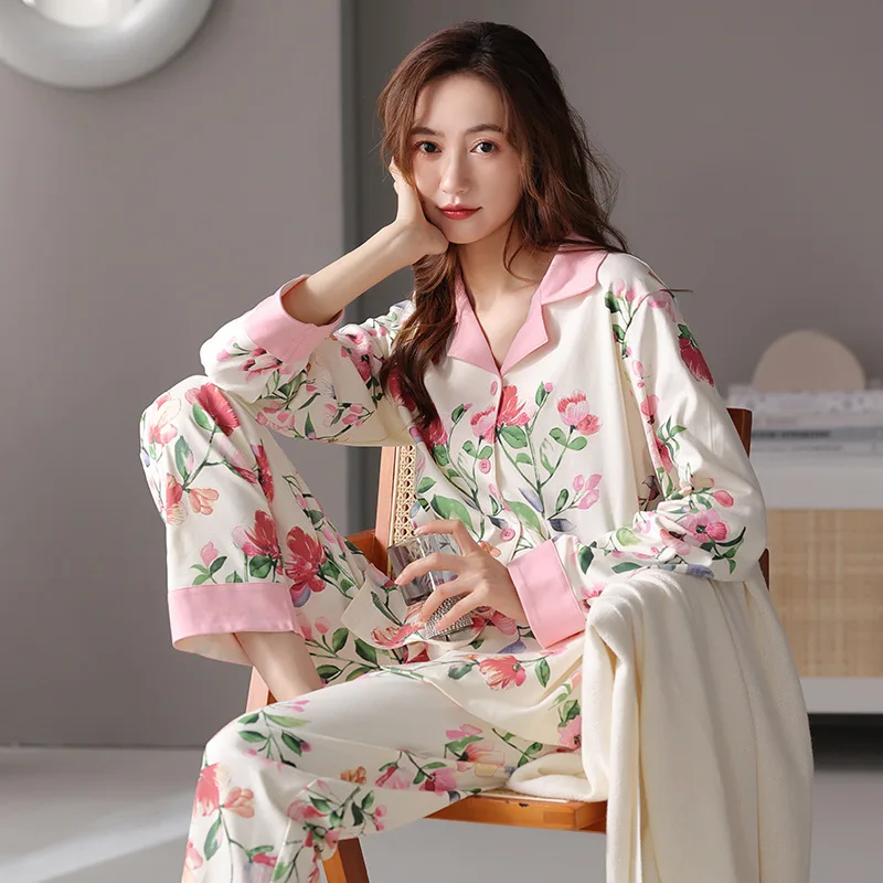 

Pajamas Women's Spring And Autumn Pure Cotton Long Sleeved Pants 2023 New Middle Aged Winter Home Furn Simple And Casual Female