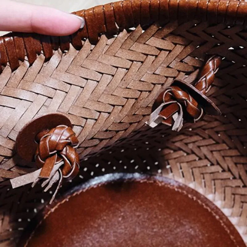 Vintage Cowhide Head Layer Braided One Shoulder bucket Bag leather Handmade Vegetable Basket Bag Travel Beach Tote Bag