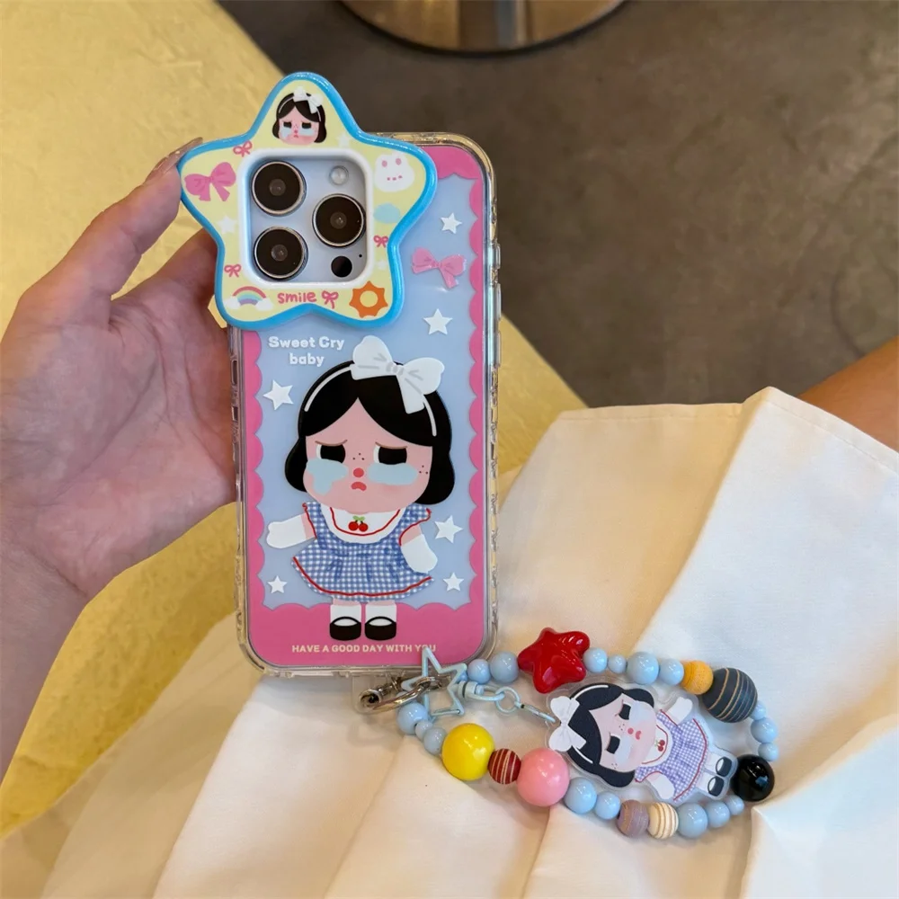 

Kawaii Funny Stars Cry Girl Cartoon Phone Case Lovely Anti-fall Funda with Chain Protection Cover For iPhone 14 15 16 Pro Max Ca