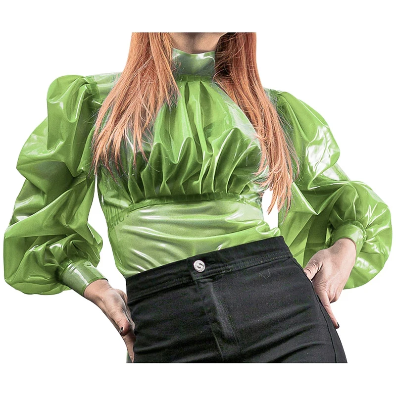 Green Sexy Latex Blouse with Puff Long Sleeves Short Rubber Shirt for Women