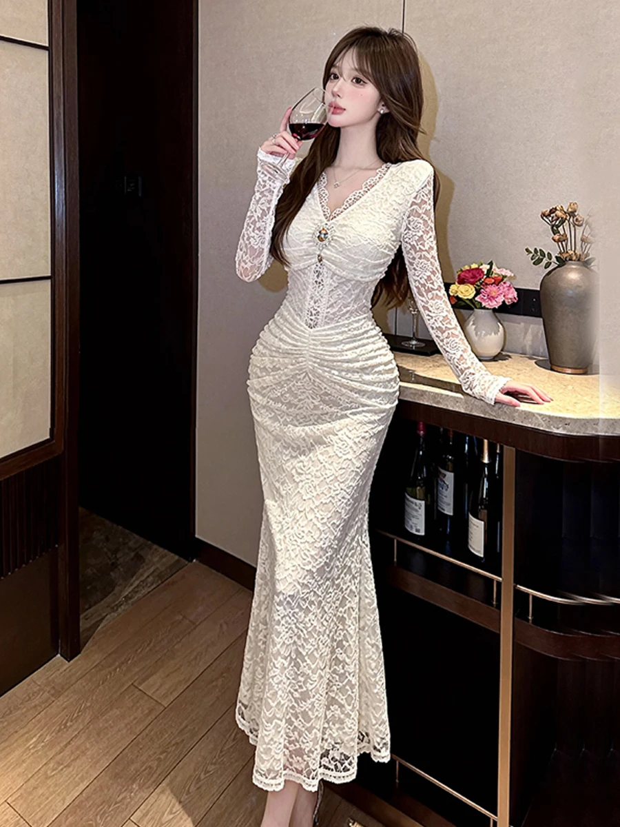 

Ele Sexy Lace Long Sve V-Ne Dr Slim Fit Fi Tail Gown для женщин с высокой талией Winter Season Date Par H-ape