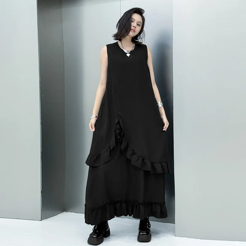

Large sleeveless dress, Japanese patchwork ruffled loose women's long dress, summer niche design women's clothing