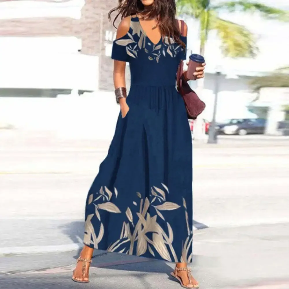 Women Print Floral Long Dress Summer Short Sleeves V Neck Off Shoulder Dresses Maxi Elegant A Line Holiday Boho Y2k Mom Vestidos