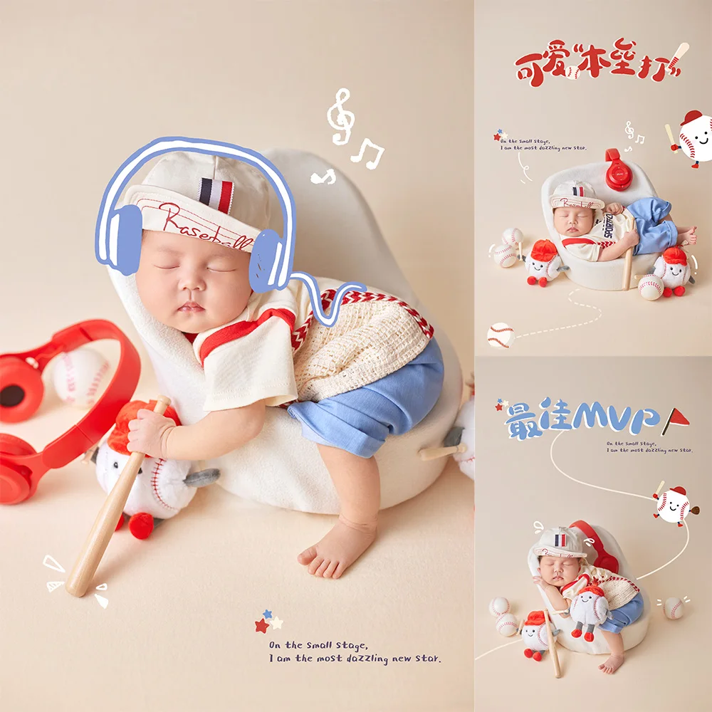 Newborn Photography Props Adorable Baseball Theme Baby Photo Costume Baseball Bat Decorative Props for Studio Milestone Shooting