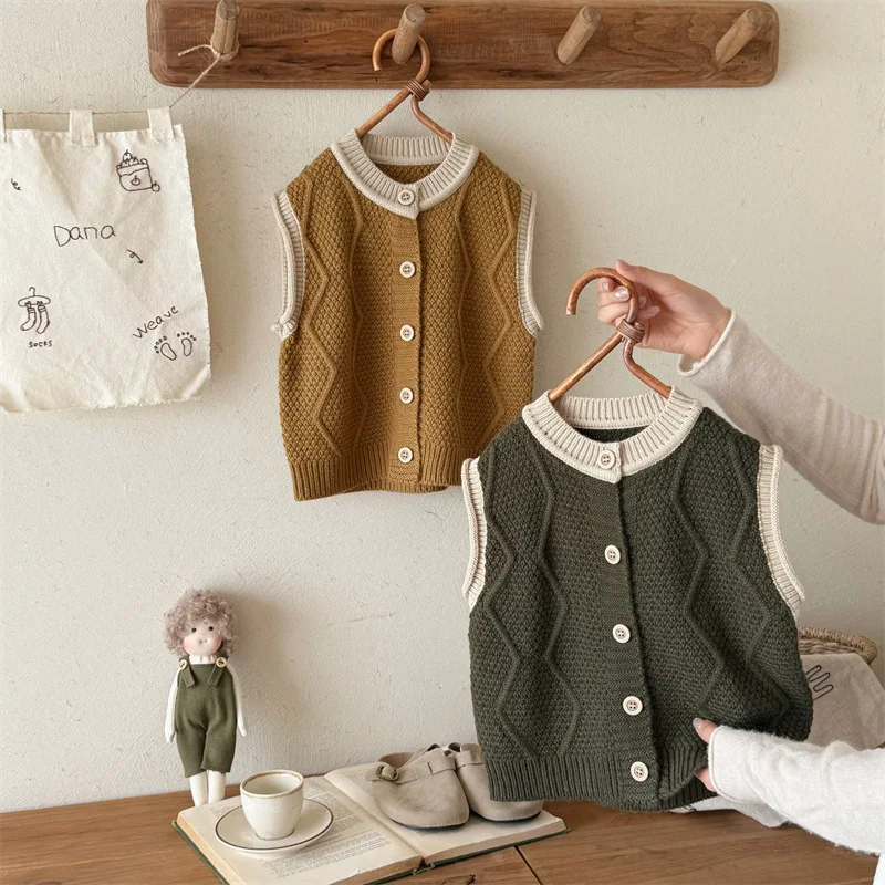 

Autumn Children Boys Cardigan Loose Round Collar Infant Babys Boy Sweater Coat Contrast Toddler Single Breasted Knitwear For Boy