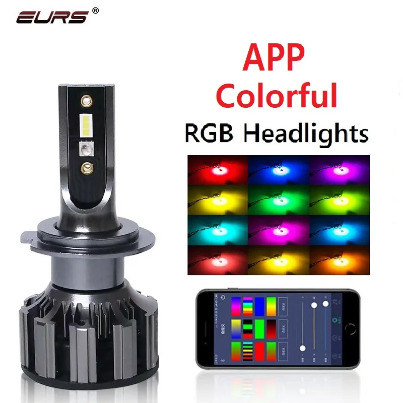 EURS RGB Colorful APP Bluetooth Control H4 H7 LED RGB Car Headlight H1 H3 H8 H11 HB3 HB4 D2S D3S LED Lights Car Headlight Color