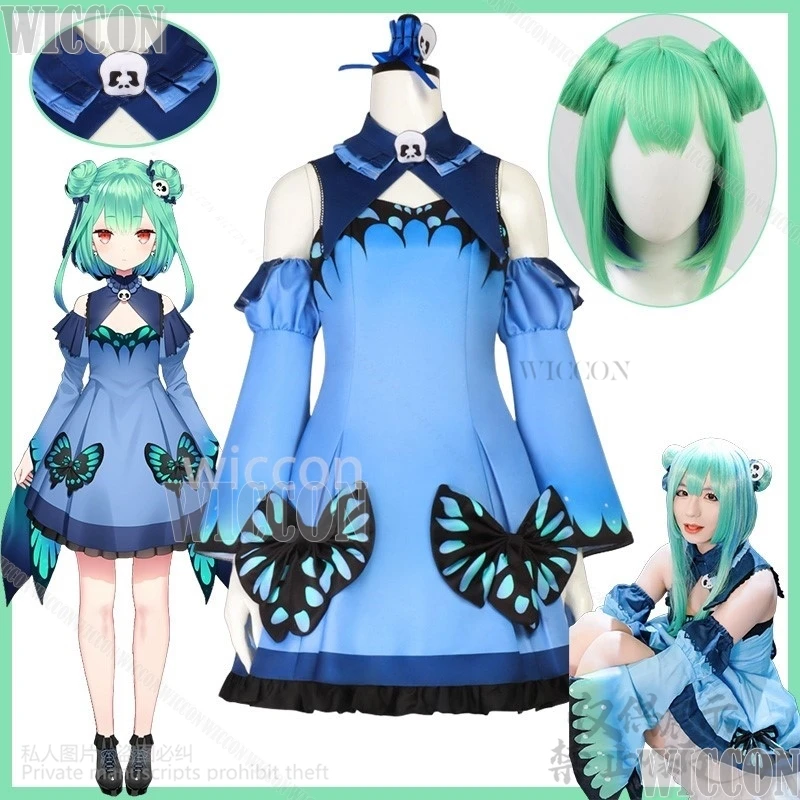 

Anime Virtual YouTuber Cosplay Uruha Rushia VTuber Hololve Blue Dress Lolita Green Wig Halloween Comic Con Party Cos Customized