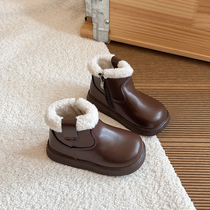 

2026 Сапоги для девочек, зимняя теплая обувь на меху, детские кожаные ботильоны для девочек 3-12 лет, детские нескользящие зимние сапоги, коричневые, черные