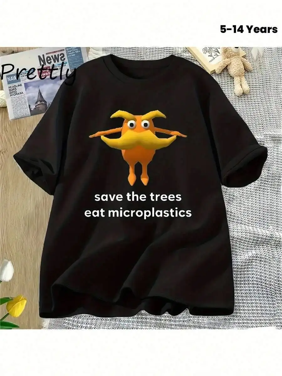 Youngsters' Microplastic-Free Graphic T-Shirt - Funny "Save Trees, Eat Microplastics" Slogan, Soft Cotton Crew Neck Short Sleeve 100% Cotton Kids Trendy Y2K Graphic Short-Sleeve Tee – Soft Quick-Drying Moisture-Wicking Casual Summer Top Perfect Gift