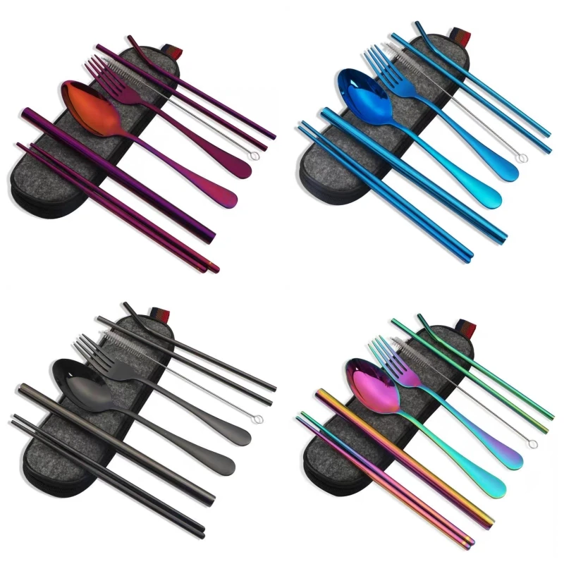 

8pcs/set Tableware Reusable Travel Cutlery Set Camp Utensils Set with stainless steel Spoon Fork Chopsticks Straw Portable Case