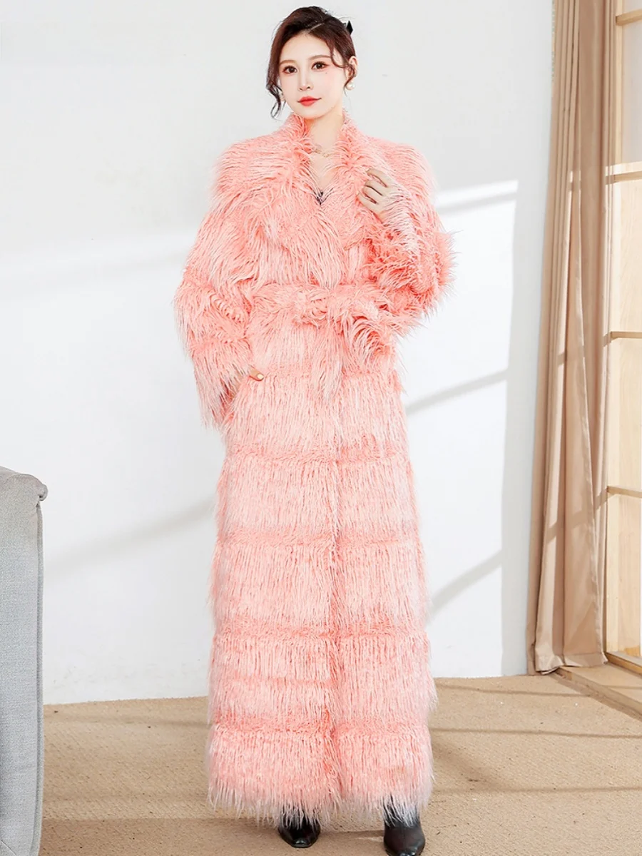 

Экологичная розовая шуба из искусственного меха для женщин, длинная зимняя верхняя одежда, комфортная и теплая, универсальная, в корейском стиле, с V-образным вырезом