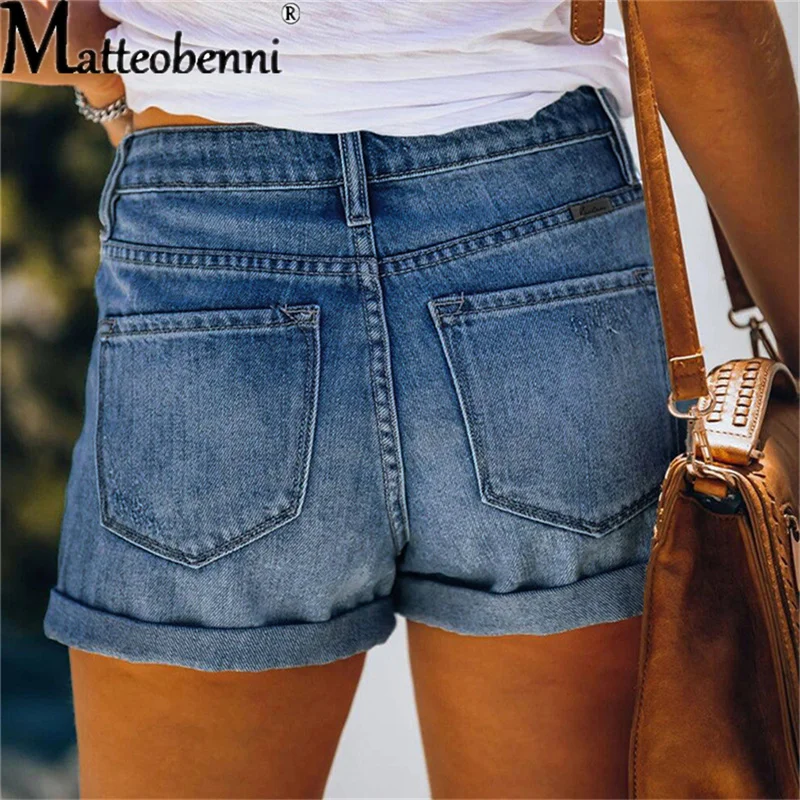 Shorts jeans de cintura alta rasgado feminino, calças femininas, jeans curto de bolso casual, buraco vintage, moda, verão, 2022