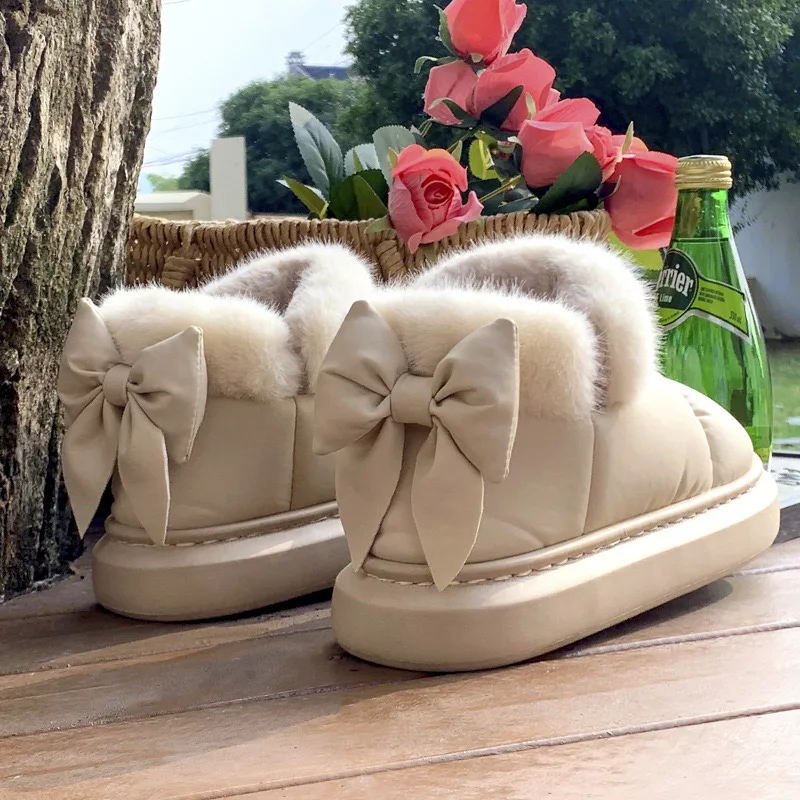 Cute Warm Ankle Boots Winter Women's Bow Warmth Plush Bow Cotton Shoes 2024 New Waterproof Down Cloth Short Barrel Snow Boots