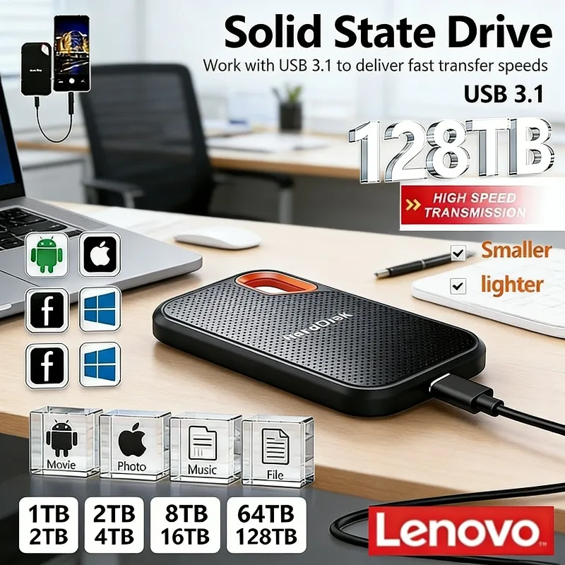

Lenovo E60 USB 3.1 External Hard Drive, 1TB 2TB 256TB Mobile SSD HDD Storage for Laptop, PS5 & Mobile Devices