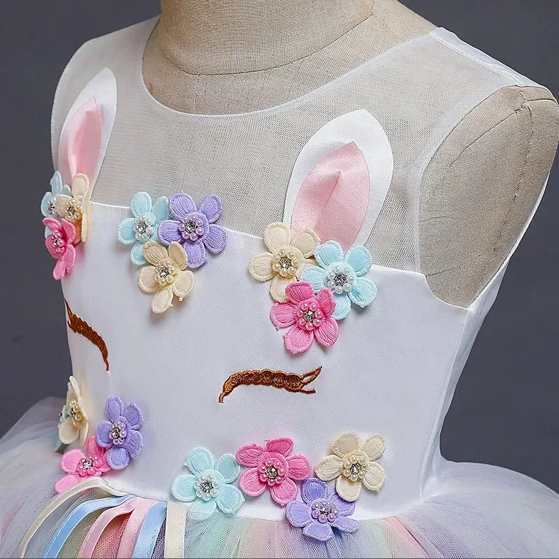 Vestido de princesa COS de unicornio arcoíris para niñas, tutú con capas de pastel, vestido de graduación para niños, Vestidos formales de noche de boda para fiesta y desfile