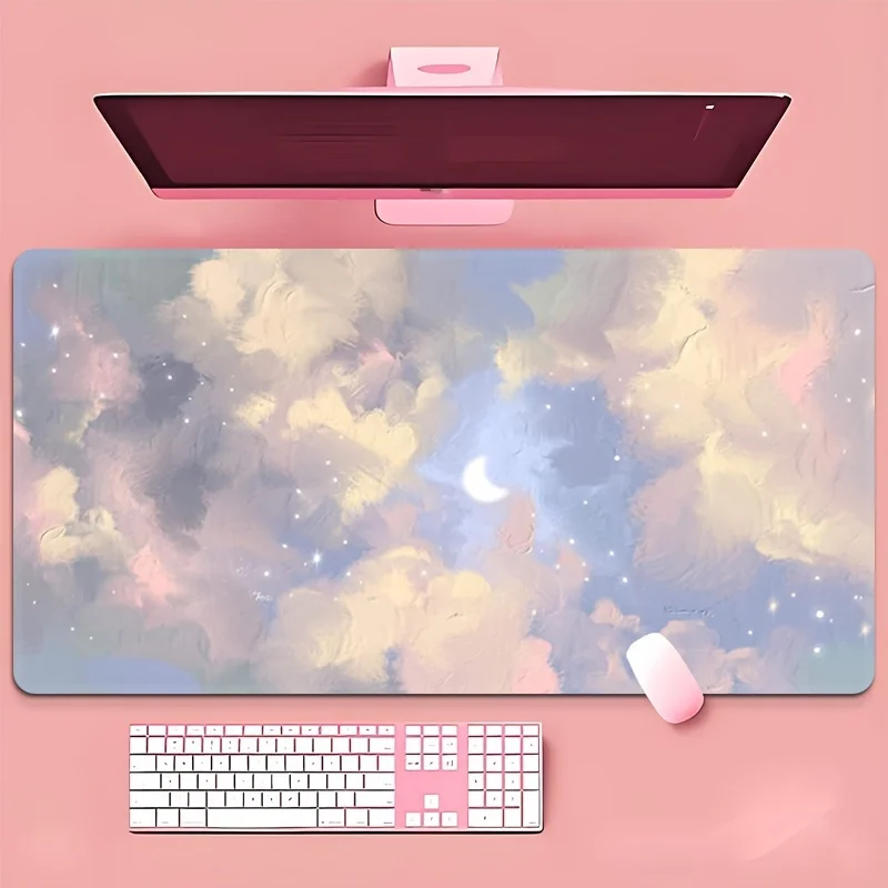 

Pastel Clouds & Moon Desk Mat, Whimsical Starry Night Aesthetic Large Gaming Mouse Pad, Non-Slip Smooth Surface Mousepad for PC